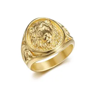 New European and American Hip-Hop Animal Ring, Titanium Steel Casting, Polished, Vacuum Gold-Plated Lion Head Men's Ring