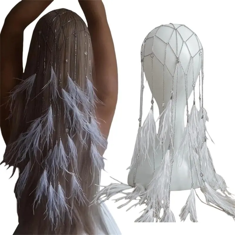 Handmade Feathered Hairpiece Bohemian Hair Chain For Weddings And Event