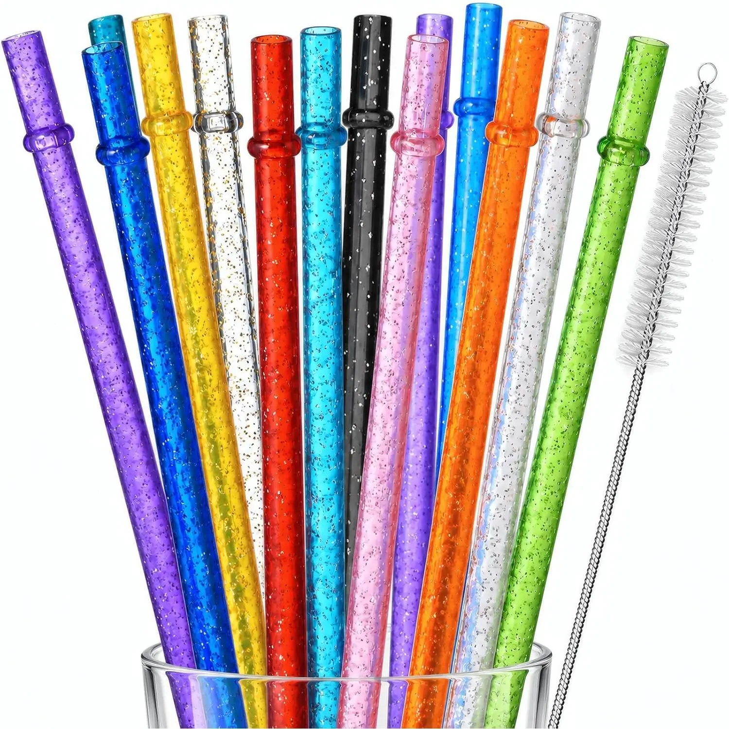 Plastic Glitter Straws, 11 Inch, 12 Pack with Brush