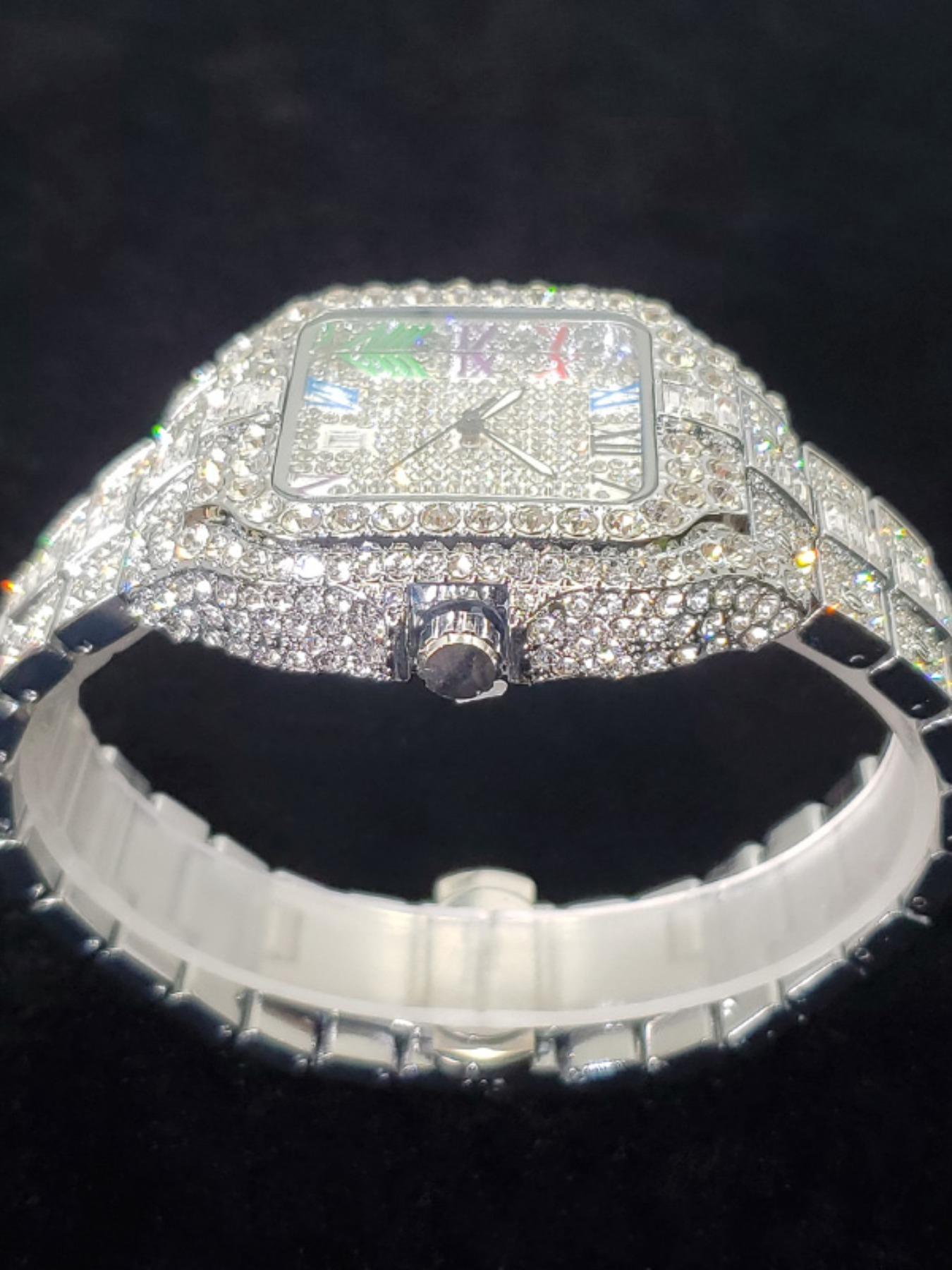 Men's Rhinestone Decorated Square Quartz Watch, Rhinestone Embellished Watch, for Men As Gift with Box, Square Dial, Stainless Steel Wristwatch