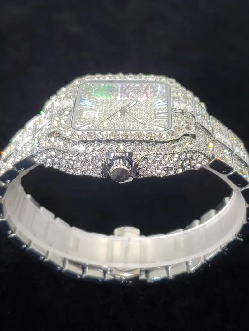 Men's Rhinestone Decorated Square Quartz Watch, Rhinestone Embellished Watch, for Men As Gift with Box, Square Dial, Stainless Steel Wristwatch, Rhinestone Watches