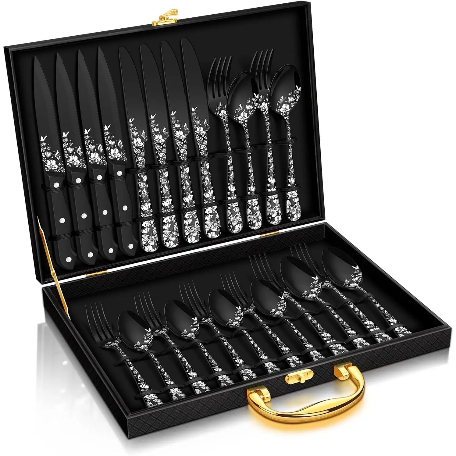 24 count Black Silverware Set with  Box, Stainless Steel Mirror Cutlery Flatware Set for 4, Include Forks Spoons and  Set, Dishwasher Safe Utensils for  Restaurant Hotel