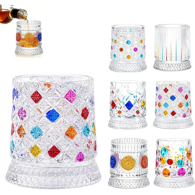 360° Rotating Whiskey Glass with Round Base, Colored Ice Flower Design, Gift Ideas for Men - Home & Festive Party Supplies, Rotates 360°