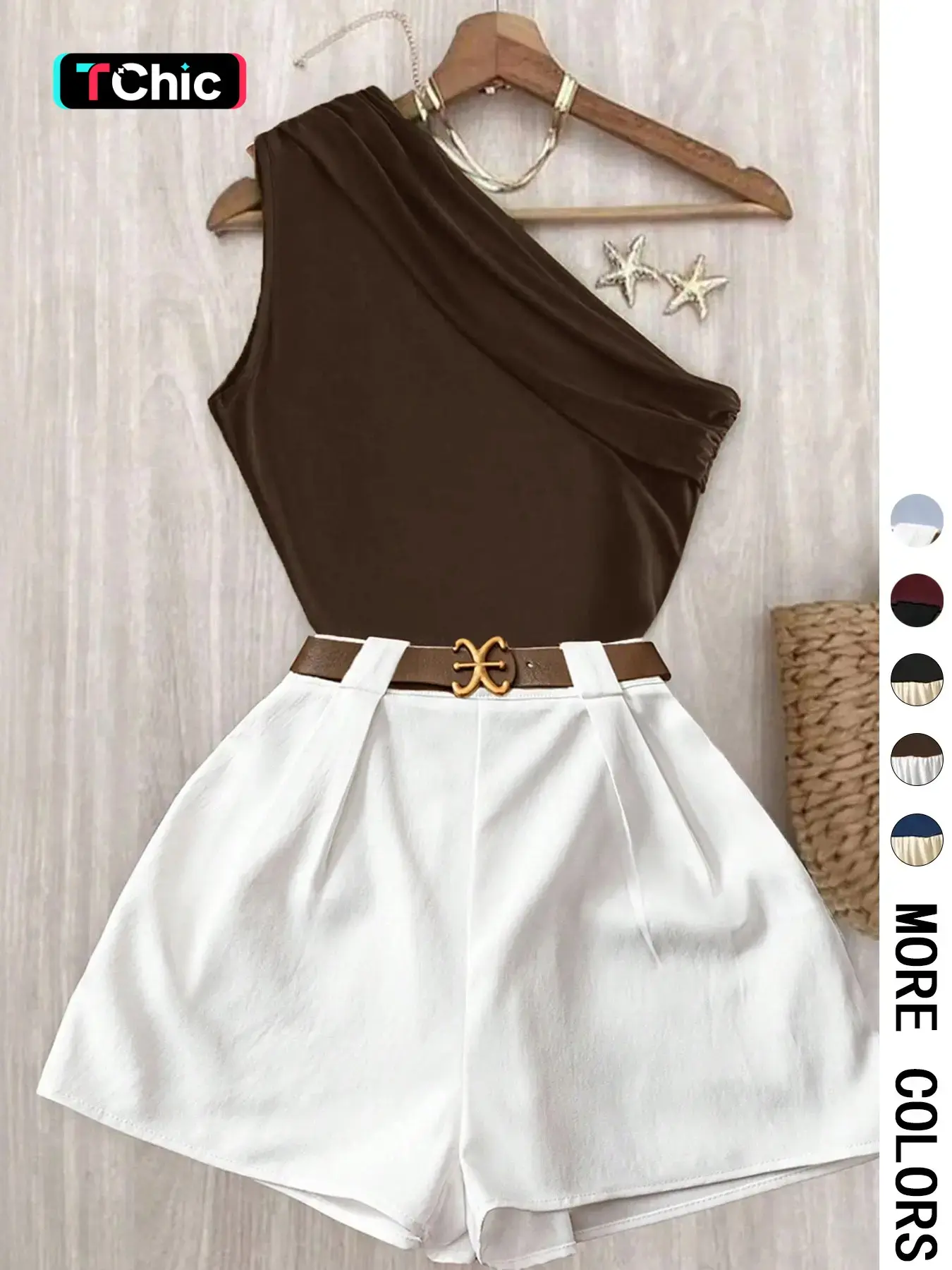 Contrast One-Shoulder Top & Pleated Shorts Matching Set - Ideal for Date Nights, Vacations & Brunch | Comfortable Two-Piece Set, Quiet Luxury Aesthetic, Chic - Trendy Baddie Outfit for Office & Going Out | Viral