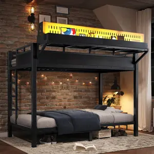 Full-over-Full Cast Iron Bunk Bed - Indoor Bed Frame with Built-in Pegboard Storage Wall, Shelves, USB Charging Ports, LED Strips, 9.2 Inches Clearance, Durable, Assembly Required, Space-Saving for Teens