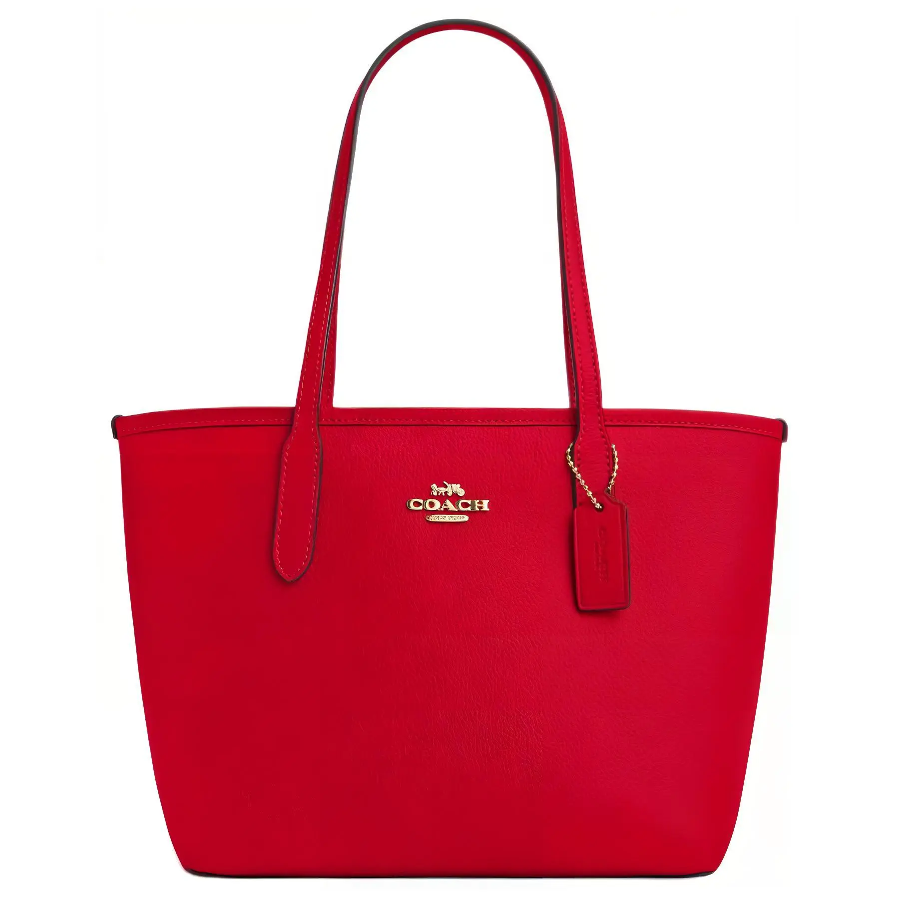 COACH City 23 Metal Logo Snap-Clasp Tote Bag for Women – Medium Red Genuine Leather