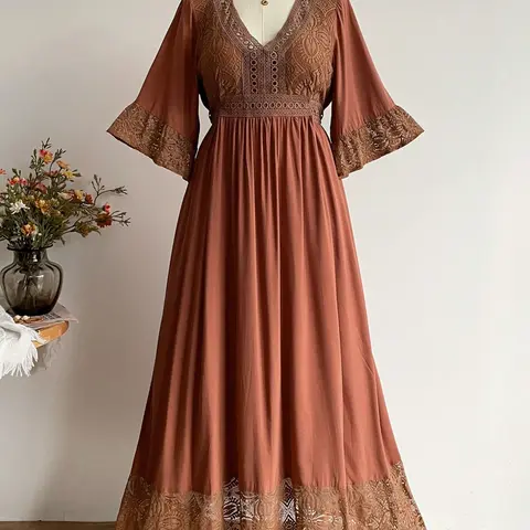 Women's Boho Lace-Patchwork V-Neck Maxi Dress, Elegant Vintage-Style Solid-Color Design with Bell Sleeves and Empire Waist, Flowy Fit, Perfect for Casual Vacations and Daily Wear