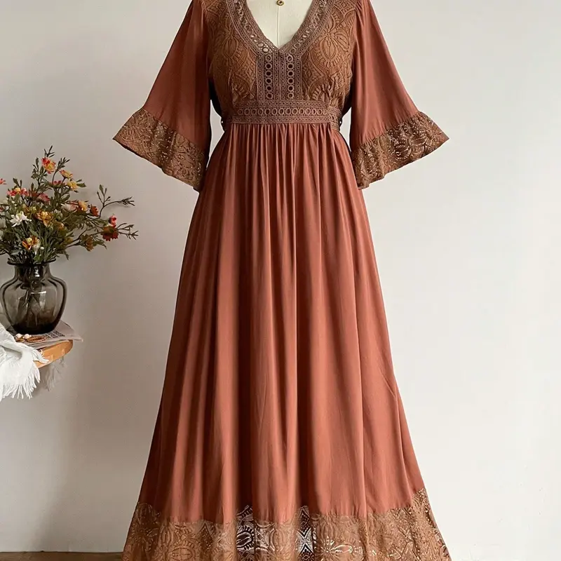Women's Boho Lace-Patchwork V-Neck Maxi Dress, Elegant Vintage-Style Solid-Color Design with Bell Sleeves and Empire Waist, Flowy Fit, Perfect for Casual Vacations and Daily Wear