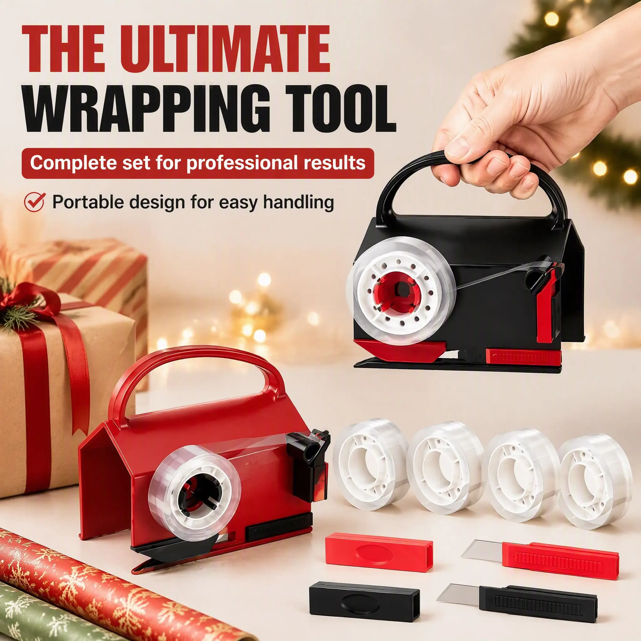 Household Wrapping Roll Cutting and Tape Dispensing Set of 2 Dual-Function Smooth Glide Gift Wrap Sliding Cutter Craft Kit with 4 Tape Rolls 2 Replacement Blades for Home Holiday Gift Packaging Retractable Utility Knife preschool office supply storage