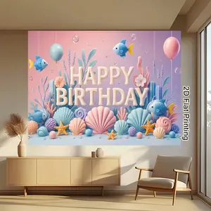 1PC 2D Flat Macaron-toned Underwater Shell Fish Cute Ocean Birthday Party Backdrop, Polyester Fabric Photography Background Cloth, Suitable for Living Room Bedroom Office, Birthday Anniversary Home Decor Indoor Outdoor Party, Birthday Party Supplies