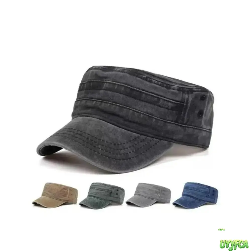 Retro Washed Cotton Retro Cadet Military Flat Top Cap,Adjustable Metal Buckle Army Hat, Lightweight Breathable Sun Protection Cadet Hat,Neutral Tone Streetwear Headwear For Hiking Fishing Travel Daily Outdoor Casual Wear,Summervibes