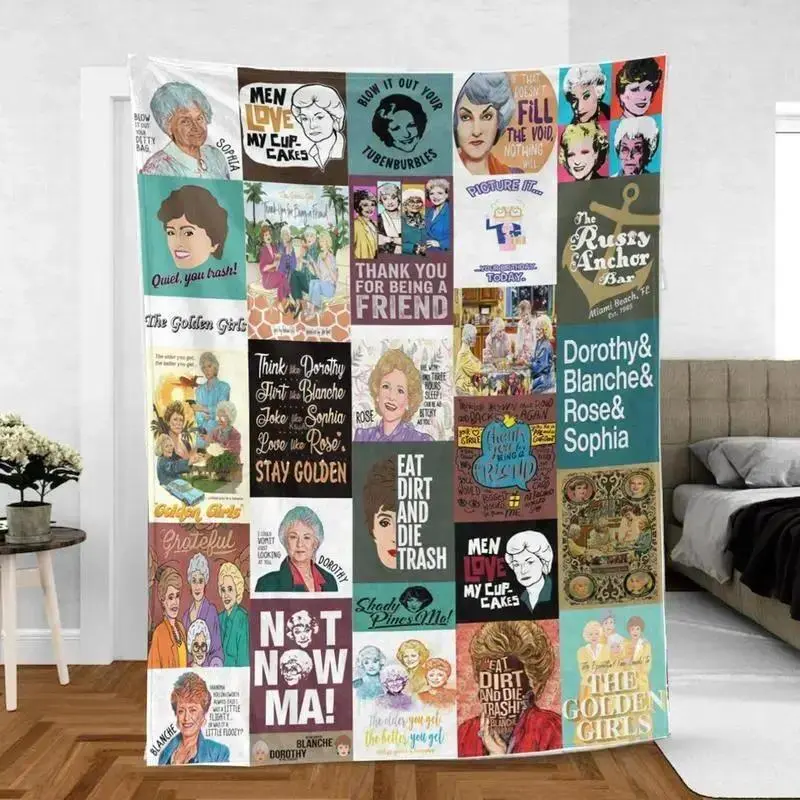 Golden Girls Stay Golden Vintage Fleece Blanket, Soft warm mink sherpa blankets, cooling blankets, bedding, bed accessories, Bedroom Napping Throw Birthday Christmas Retro Sitcom Fan Gift