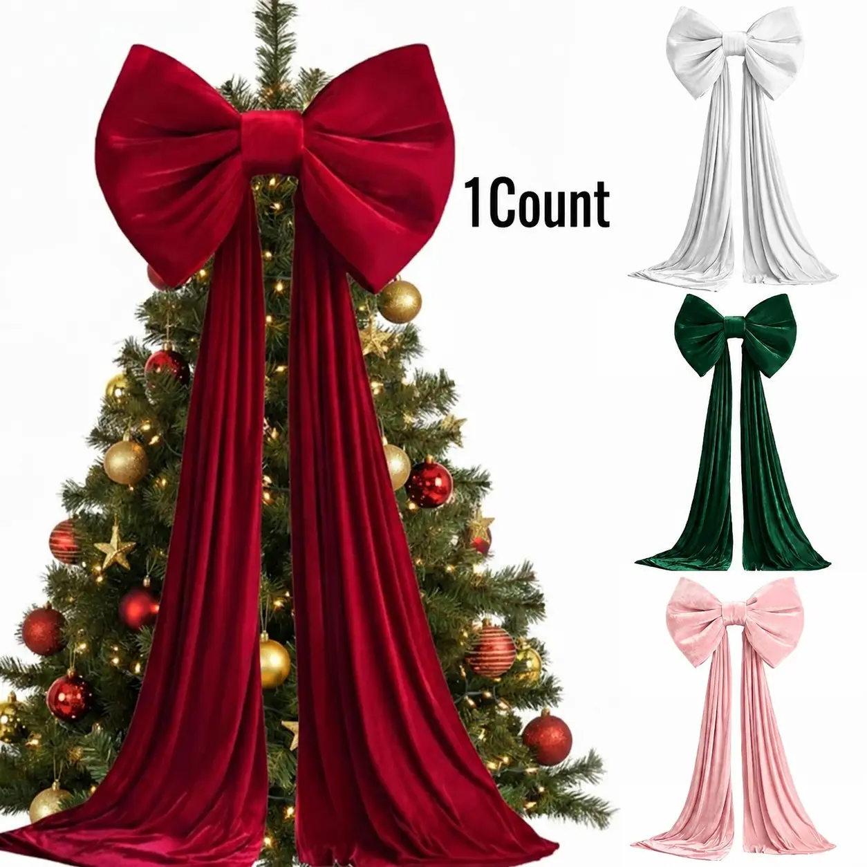 Christmas Tree Bows, Giant Christmas Tree Topper Bow with Long Streamers, Velvet Coquette Decor for Front Door, Wall, Wreath, Birthday, Baby Shower, Wedding Party