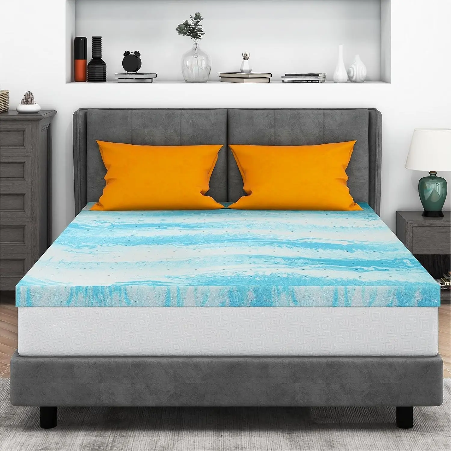 CertiPUR-US Certified 3-Inch Gel Foam Rectangular Queen Mattress Topper for Queen-Size Beds, Blue