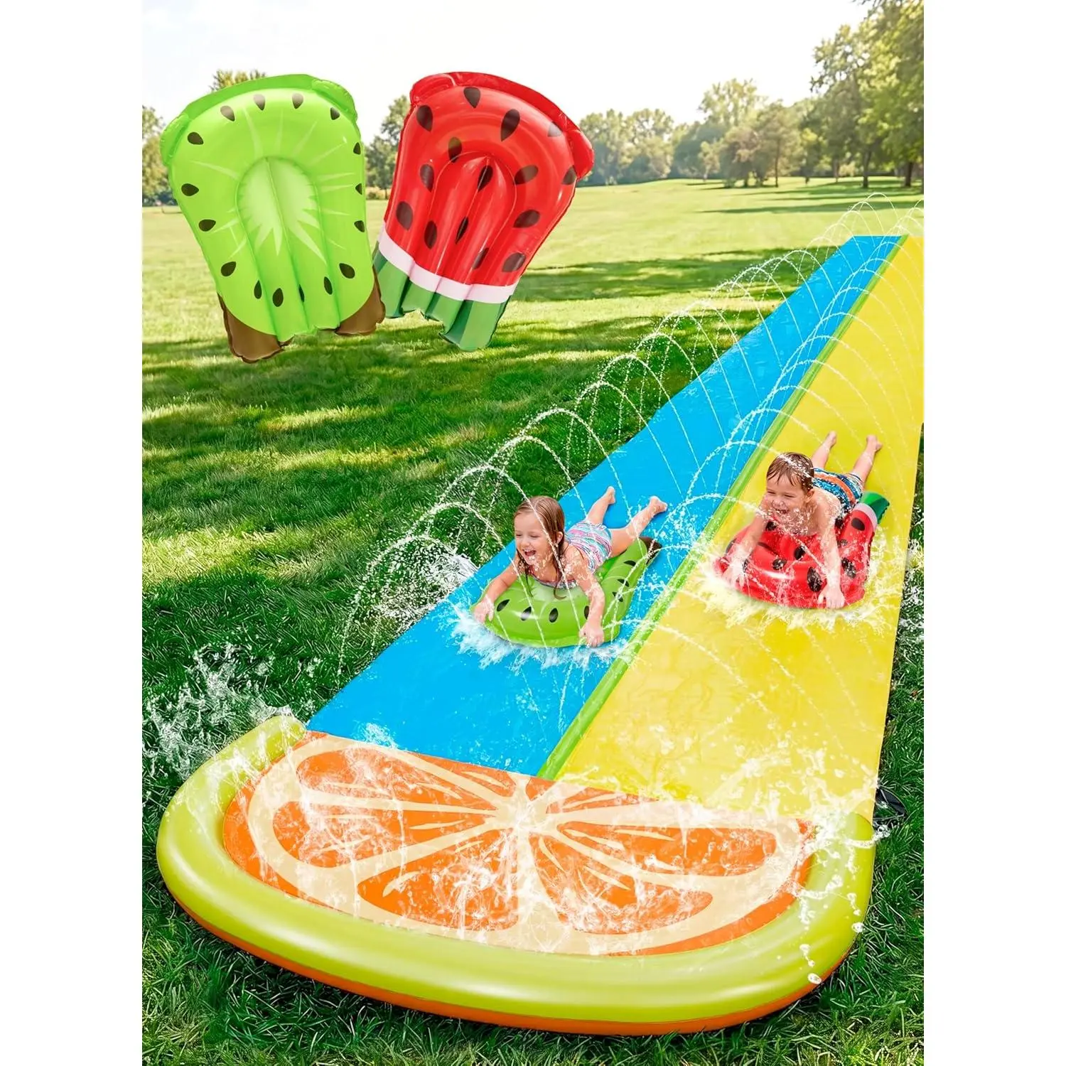 22.5ft x 62in Double Lane Inflatable Water Slide Comprehensive Set with 2 Inflatable Boards & Built-in Sprinklers, Orange Summer Outdoor Backyard Toy for Kids