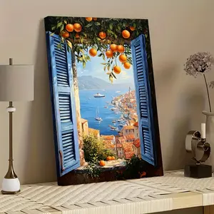 A canvas art print of Mediterranean blue shutters and an orange ocean - framed 8x12inch or 12x12inch poster, featuring a vivid coastal scene, sunny sky, and lush greenery, suitable for decorating the living room, bedroom, dining room, or office, coastal h