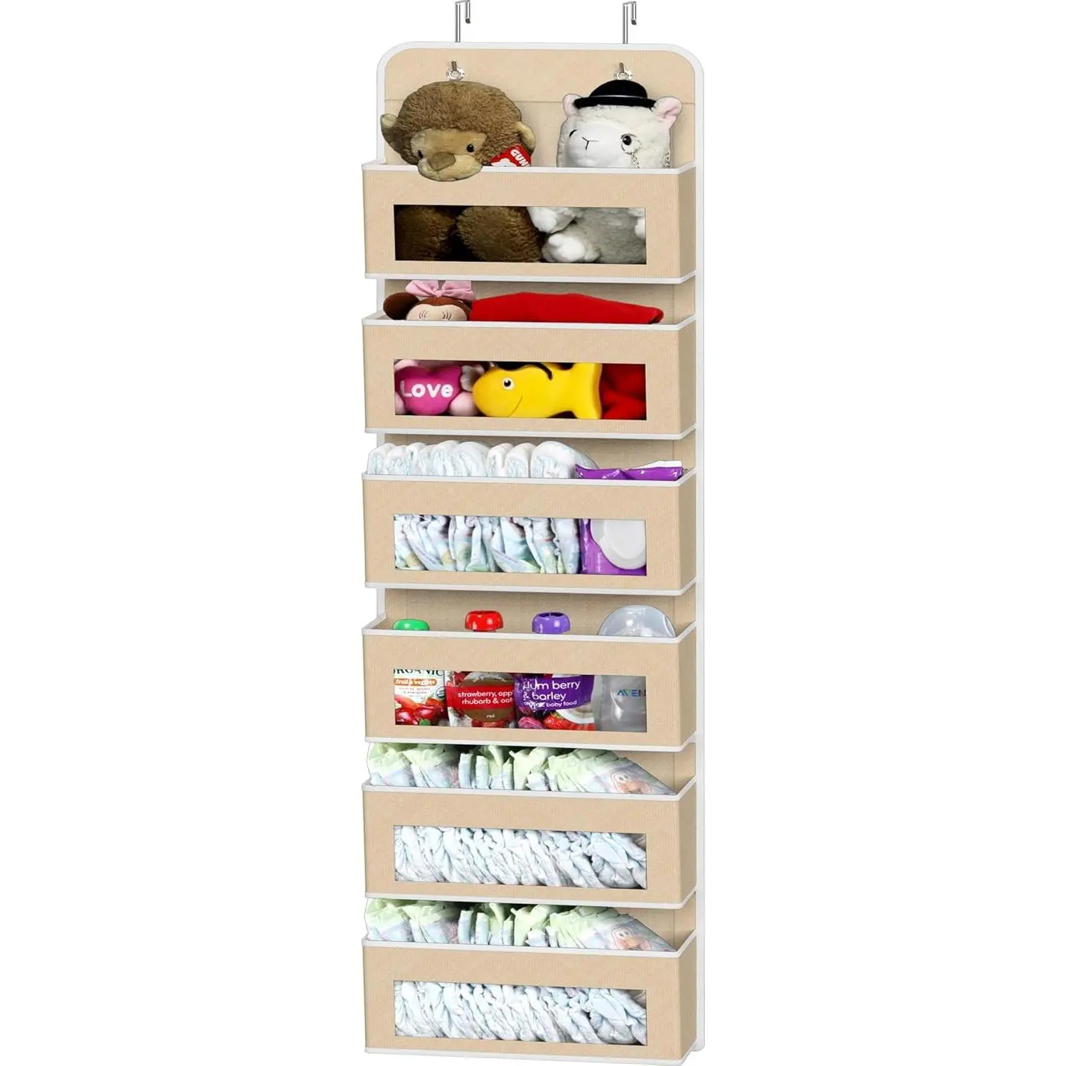 6 Clear Window Pocket Over Closet Door Storage Hanging Organizer for Bedroom, Bathroom, Pantry, Beige