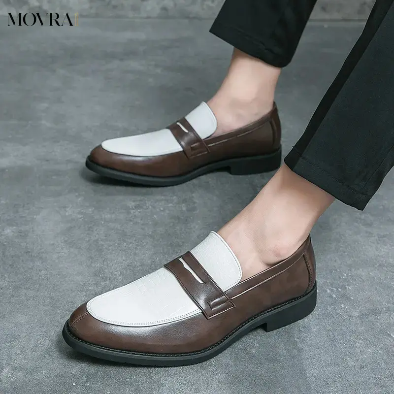 MOVRA1 Men's Oversized 38-48 Pointed-Toe British-Style Loafers, All Seasons, White-Brown Contrast Colors, Suitable for Daily Outings & Business Offices