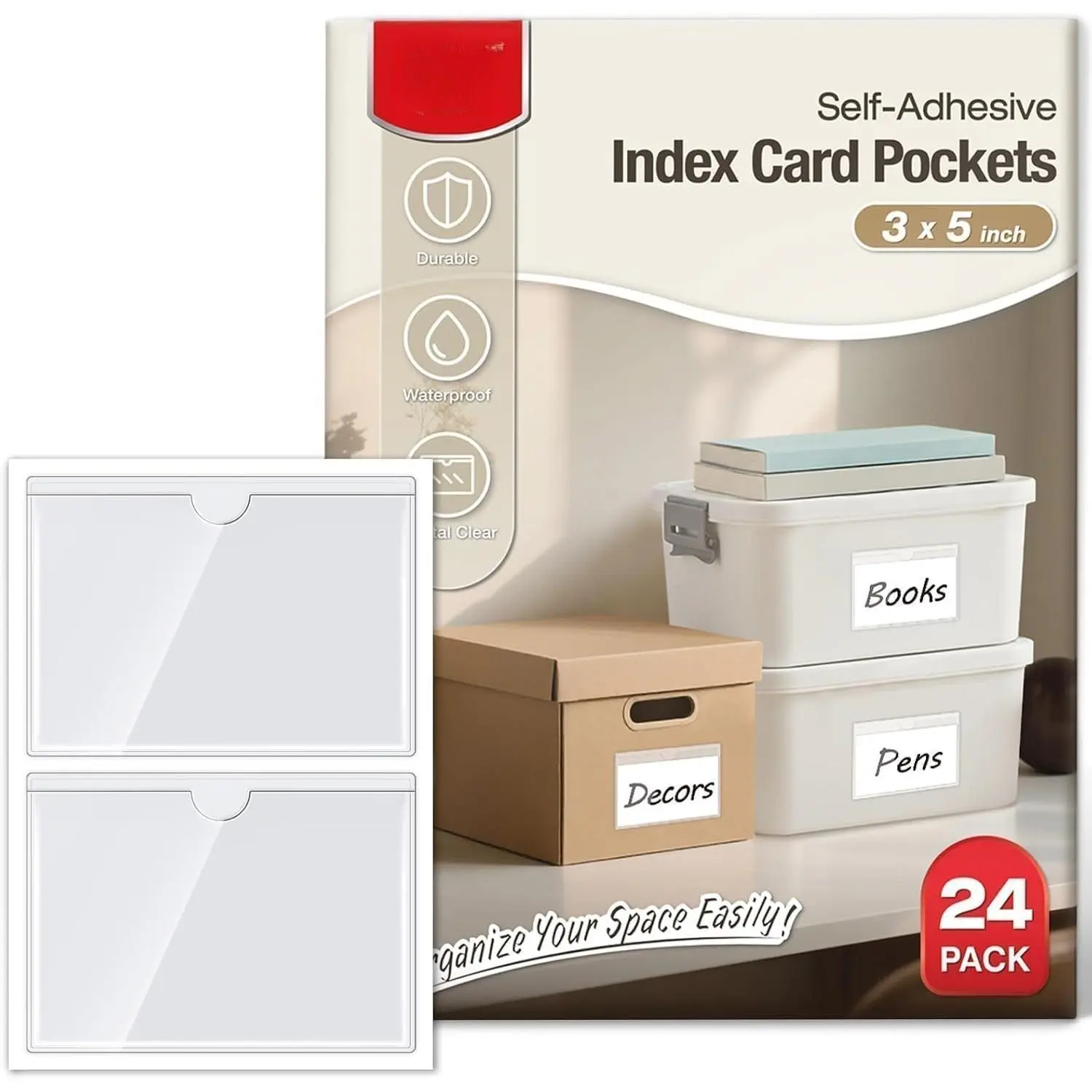 24 Pack labels for Storage Bins, 3" x 5" Plastic Clear Adhesive Pockets | Top-Open Index Card Holder,  & Removable Labels for Storage Bins, , Containers, Shelves & Library Organization