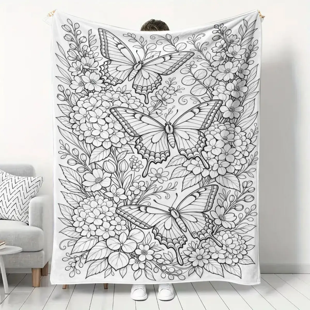 Butterfly Floral Coloring Flannel Blanket, Boho Style Blanket, Soft and Skin-friendly Warm Throw Blanket, Home Decor Blanket for Adults, DIY Relax Coloring Blanket for Home Couch Bedroom Nap, Perfect Gift for Coloring Enthusiasts, Cozy Throw Blankets