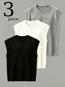 Men's Summer Knit Tank Tops 3-Pack, Loose-Fitting Plain Design, Round Neck Hollow Out, Casual Streetwear, Colors