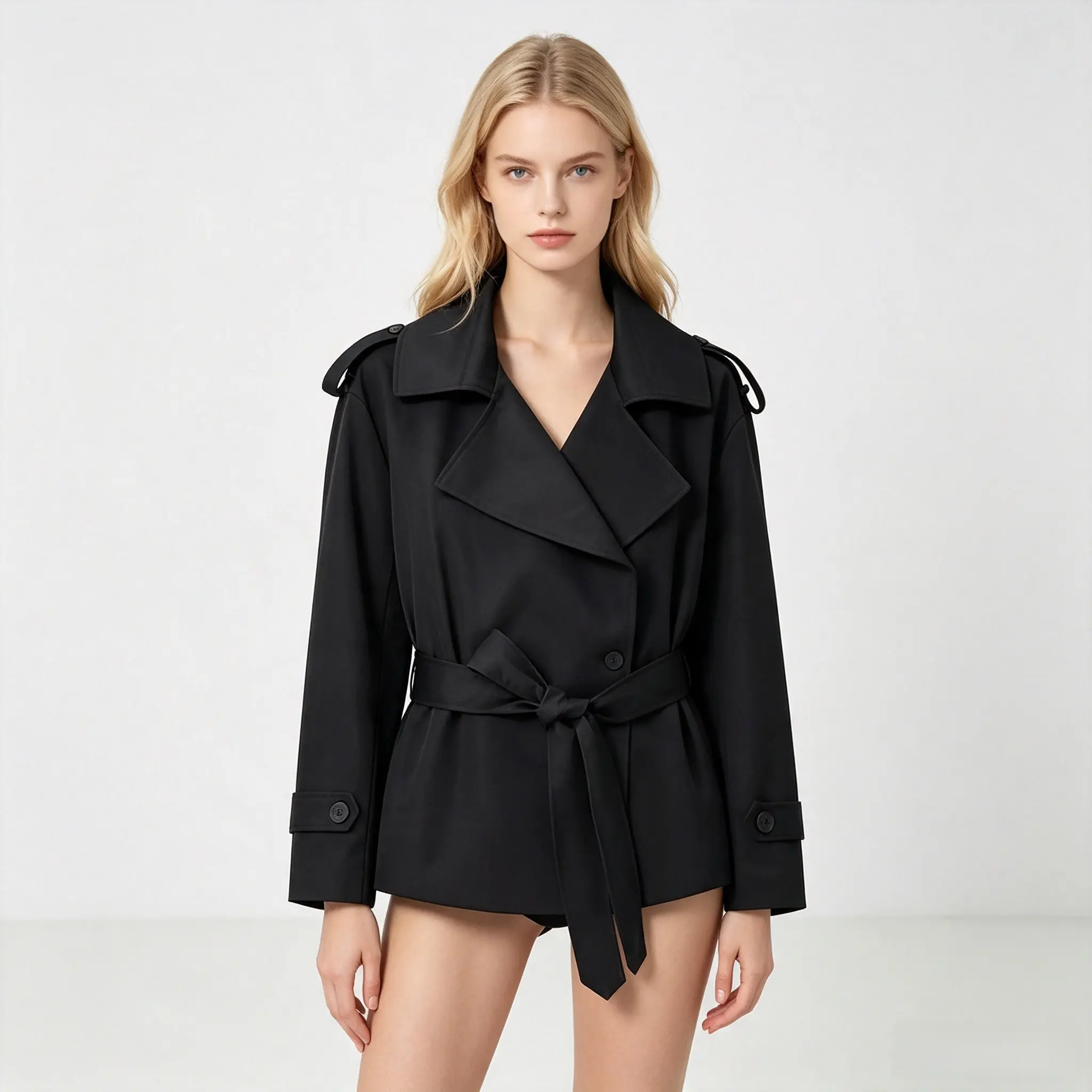 Women's Commuter Notch Lapel Double Breasted Detachable Belt Trench Coat, Fall & Winter Plain Wrap Tie Waist Outerwear Jacket, Casual Trench Coat