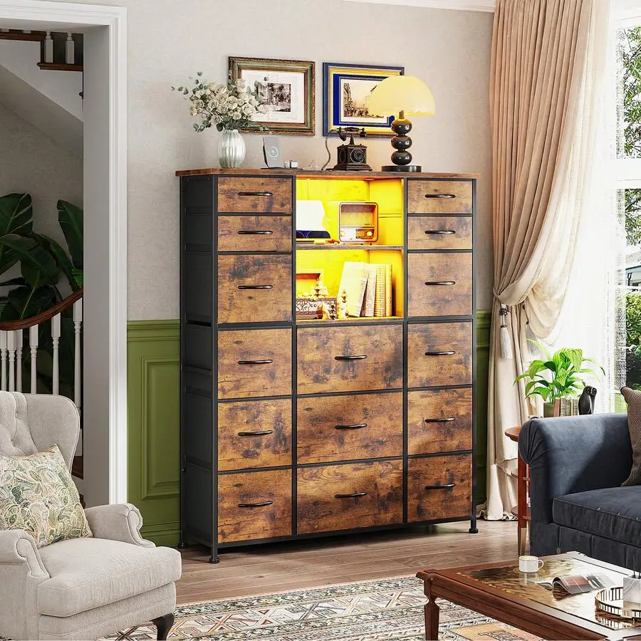51" Tall Dresser With 15 Drawers And Wood Top, Clothing Storage Equipped With Charging Station, LED Lights ,Hutch, SturdySteel Frame Fit Bedroom And Living Room, Rustic Brown