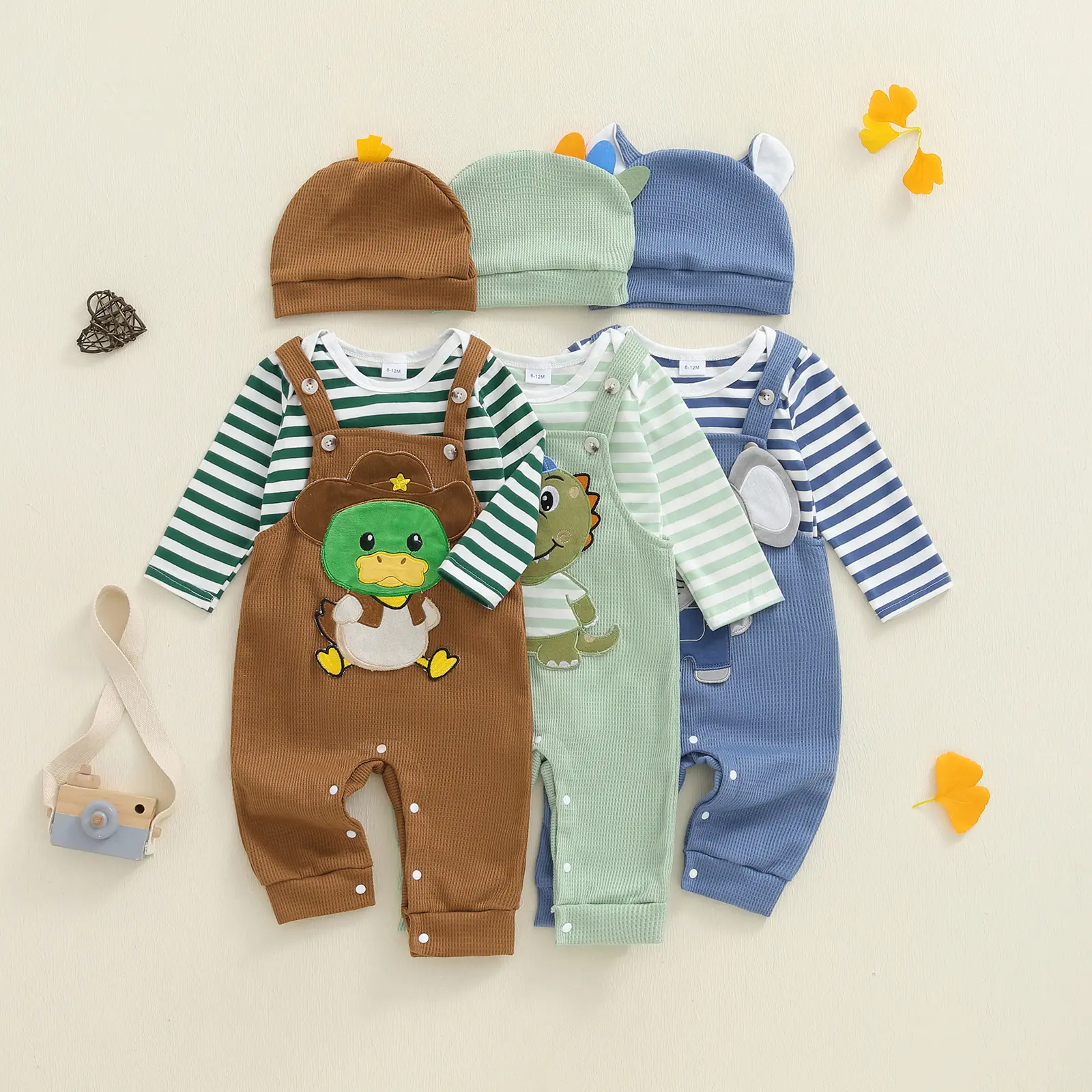 Meihuida Infant Newborn Baby Boys 3Pcs Outfit Cute Baby Clothes Long Sleeve Striped Romper Animal Embroidery Overalls Hat 0 18 Months Spring Fall