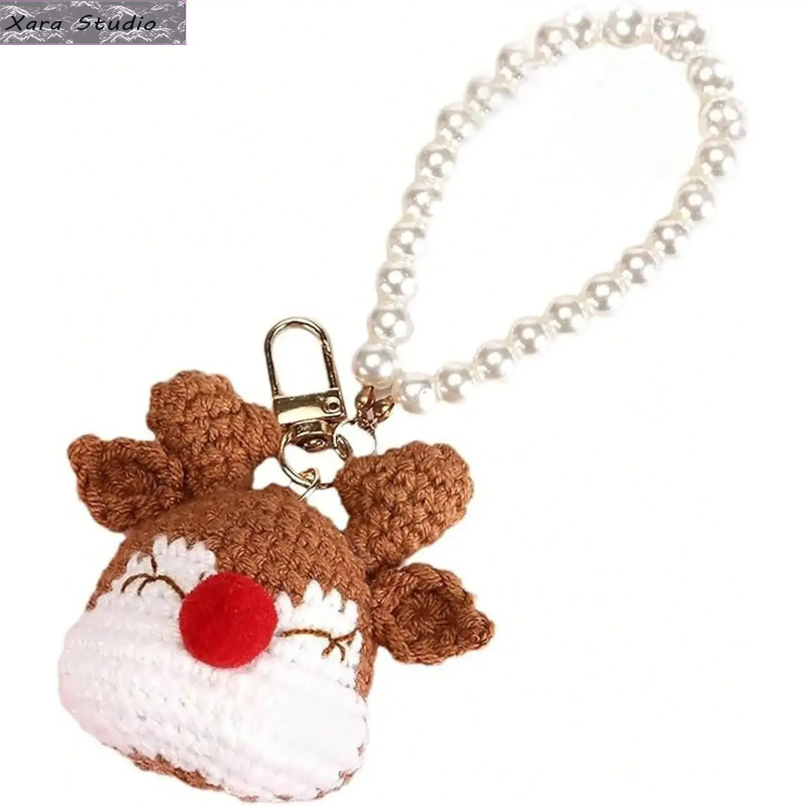 Christmas Crochet Reindeer Keychain for Women & Girls, Cute Handmade Knitted Deer Pearl Phone Charm, Trendy Crochet Lanyard Pendant Bag Accessory, Soft Lightweight Holiday Keyring Gift for Christmas, Stocking Stuffers, Winter Party & Festive Decoration