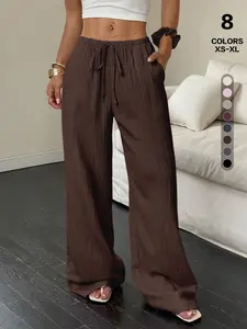 Women's Casual Solid Textured Trousers with Side Pockets, Loose-Fitting Low-Rise Pants for Spring & Summer Wear