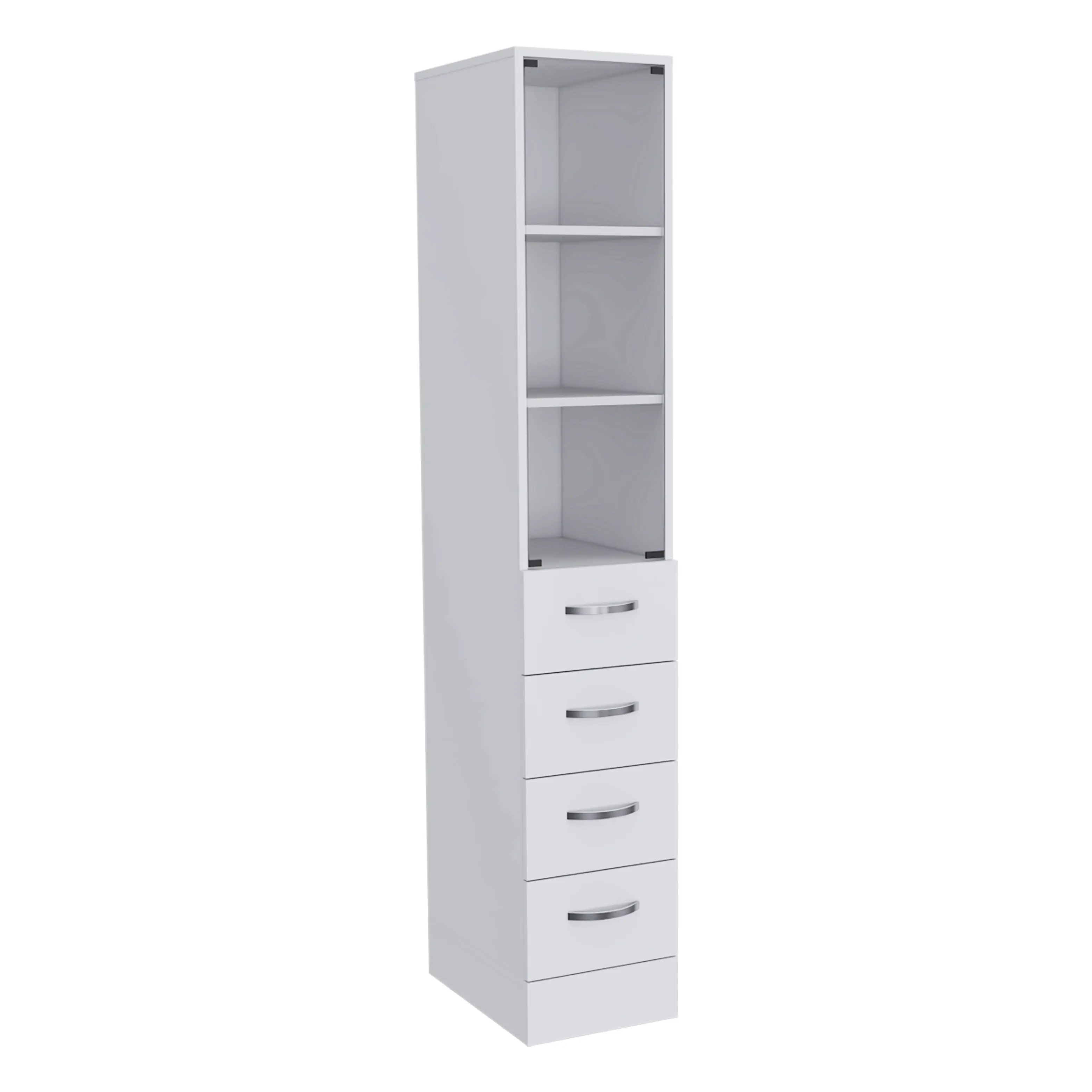 Nokaa Freestanding Bathroom Linen Cabinet with Glass Door, 3 Shelves & 4 Drawers, White Engineered Wood, Modern Narrow Storage Tower for Bathroom Organization, 11.97W x 17.56D x 68.29H in