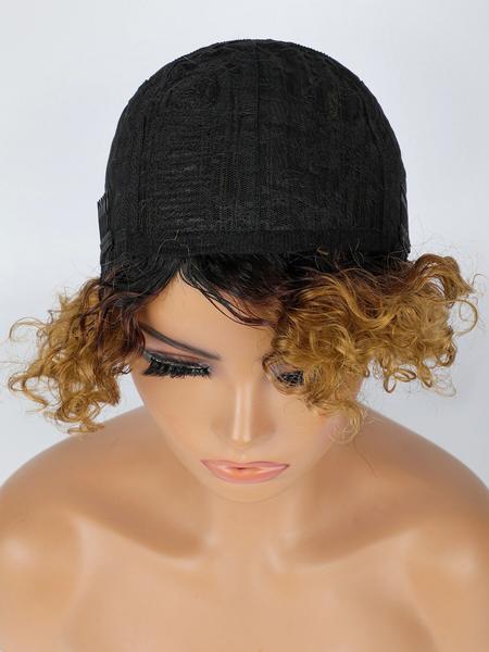 6inch T1B/30 Color Women's Short Curly Bob Wig with Bangs, 6 Inch Curly Hairpiece, Real Human Fiber, Full Machine Made, Perfect for Daily Wear, Natural Looking Wig