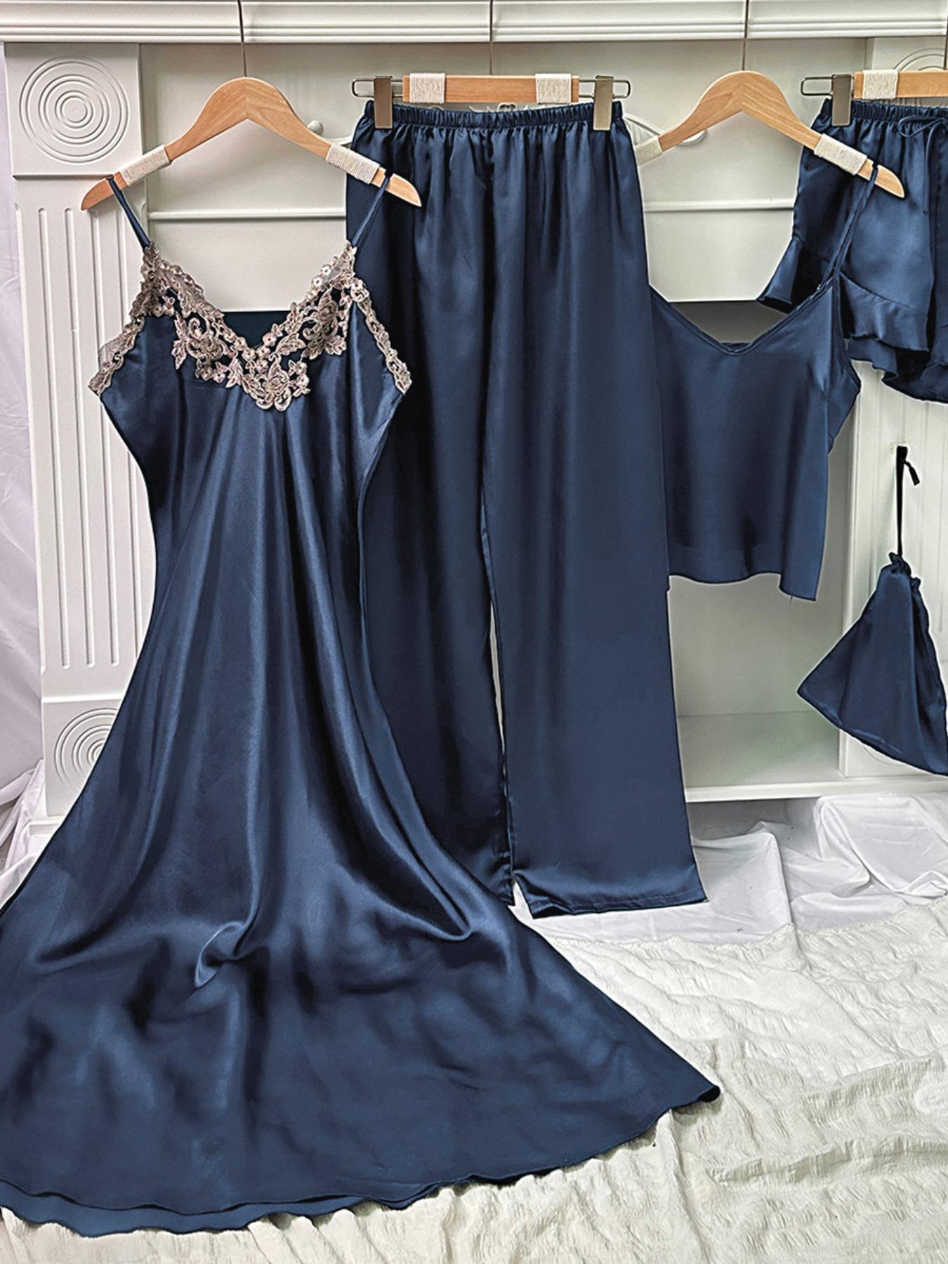 Women's Soft Satin Pyjama Set, Contrast Lace Cami Nightdress & Backless Cami Top & Tie Front Ruffle Hem Shorts & Pants & Storage Bag, Ladies Summer Outfits 2024