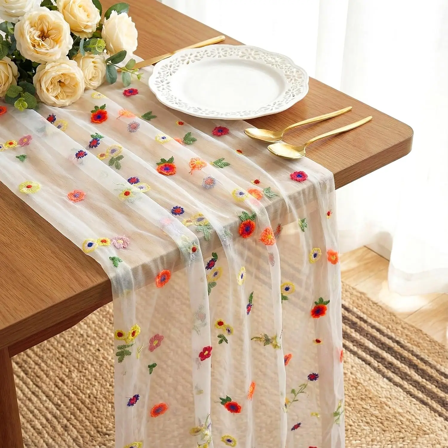 Embroidery Floral Table Runner Rustic Spring Summer Wildflower Tulle Table Runner  Flower Tabletop Runners Decoration for  Wedding Party, 108 x 24.5 inch (Multicolor )