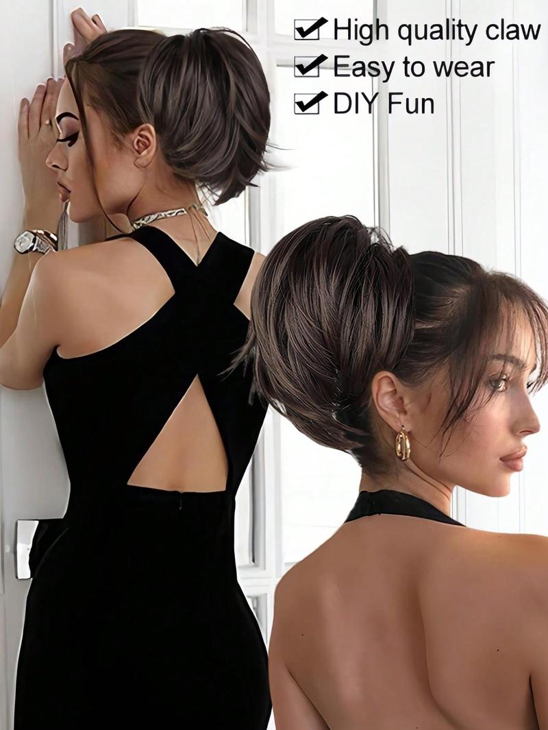 10 Inch Messy Bun Hair Piece,Straight Fake Chignon,Claw Clip In Short Ponytail Extension,Heat Resistant Synthetic Ponytail Extensions For Women,Party Daily Use