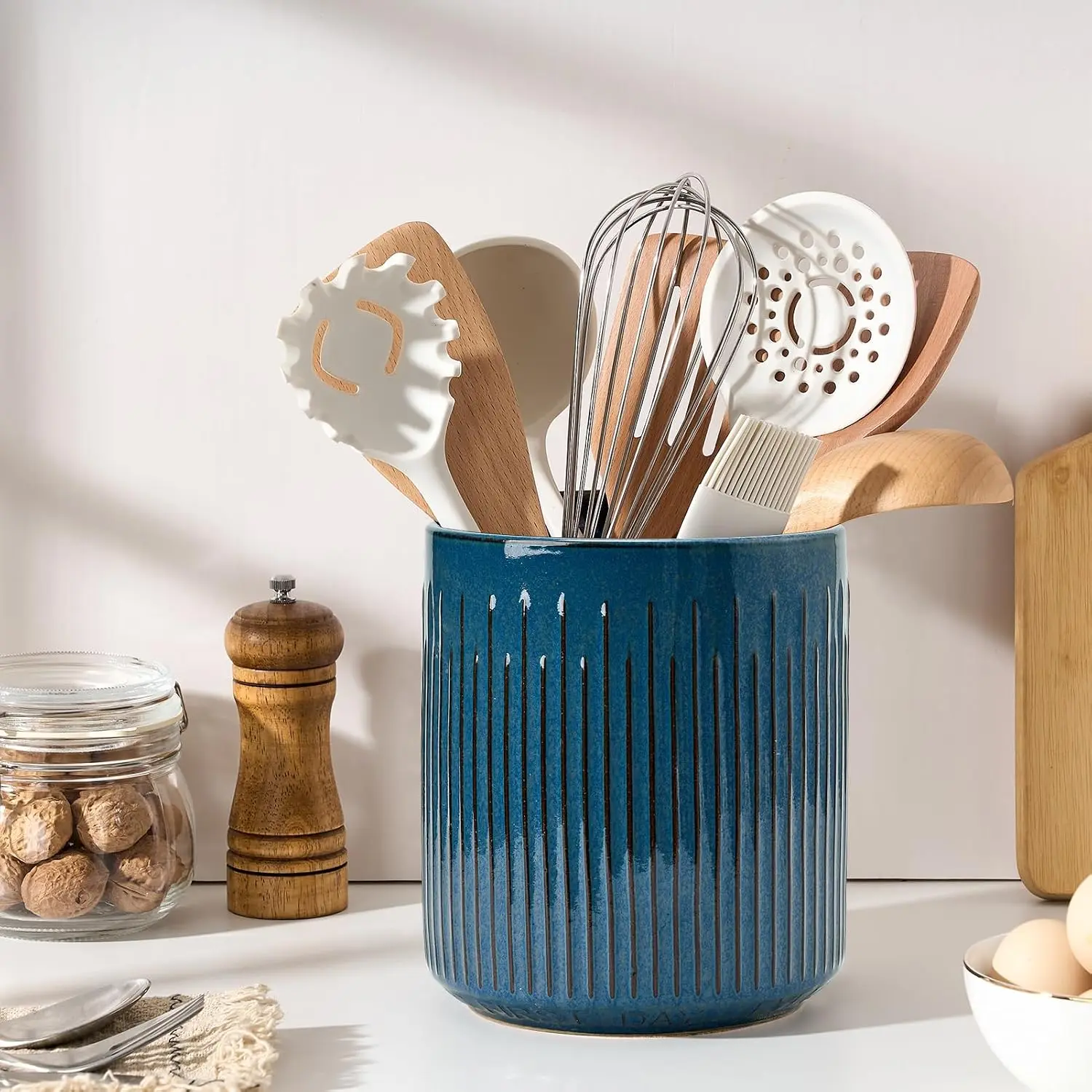 Kitchen Utensil Holder, 7.2" Large Ceramic  Utensil Crock for Countertop, Utensil Holder with Cork Mat, Removable  Divider for Easy, Kitchen Decor, Blue