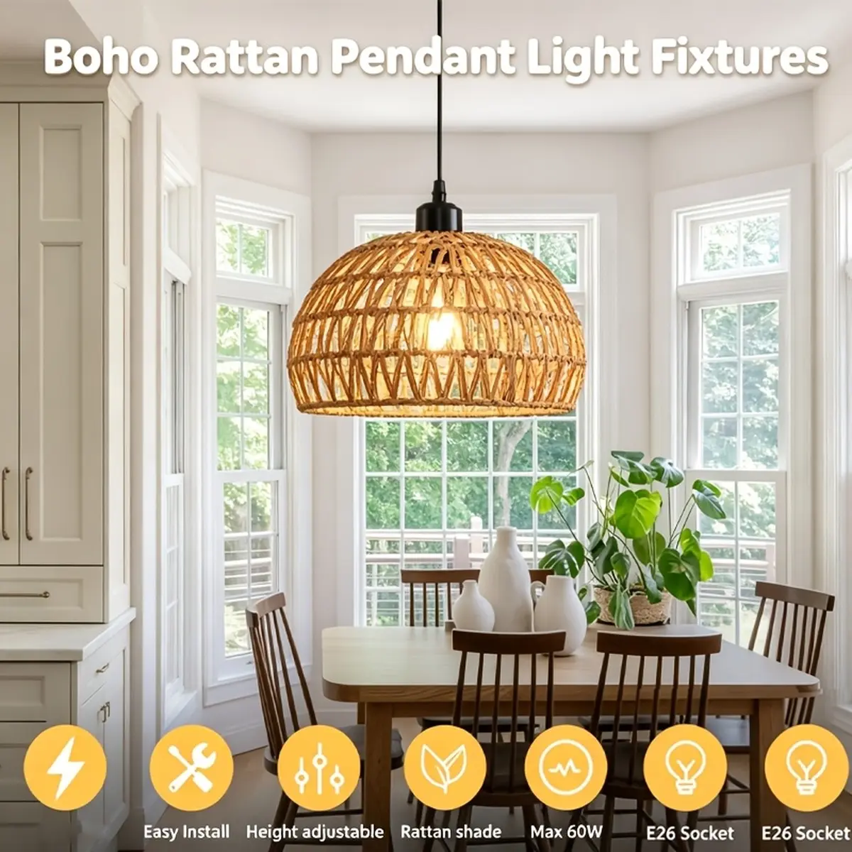Natural Woven Rattan Pendant Light, Handcrafted Boho Wicker Dome Hanging Ceiling Lamp with E26 Socket, Rustic Farmhouse Chandelier for Kitchen Island, Dining Room, Bedroom, Hallway & Home Decor