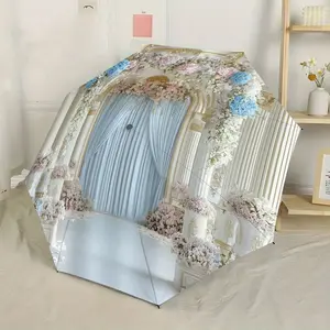 Dreamy Floral Wedding Arch Pattern Automatic Folding Umbrella, Lightweight Compact Travel Umbrella, 8-Rib Sturdy Frame, Unisex, Portable Outdoor Accessory