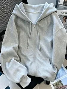 Women Solid Color Long Sleeve Zip Up Hoodie Oversized Loose Fit Drawstring Hooded Sweatshirt With Front Pocket Casual Daily Streetwear Basic Full Zip Jacket Black White Gray