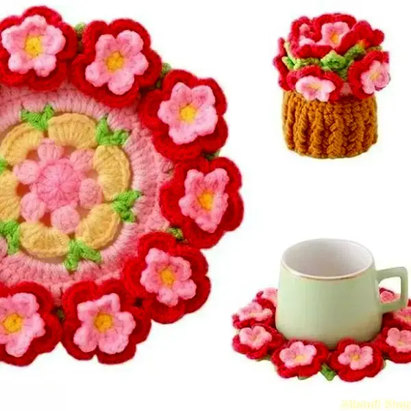 Handmade Crochet Flower Bouquet Coaster Set Knitted Drink Mat for Mothers Day Gift