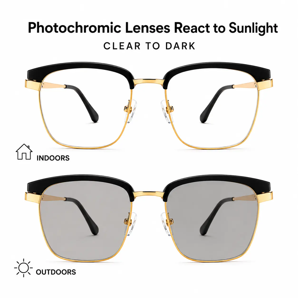 Photochromic Glasses for Men Women, Black Gold Semi Rimless Blue Light Filtering Eyewear, Clear to Dark UV Adaptive Lenses, Lightweight Unisex Fashion Glasses