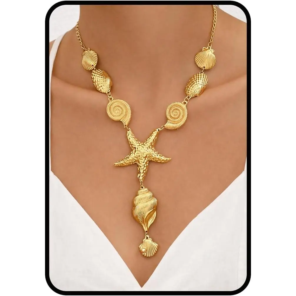 Shell Necklace, Starfish Summer Beach Ocean Chunky Gold Y Necklace Seashell Beachy Sea Shell Necklaces For Women Dainty Statement Adjustable Waterproof No Tarnish Bikini Jewelry Gift