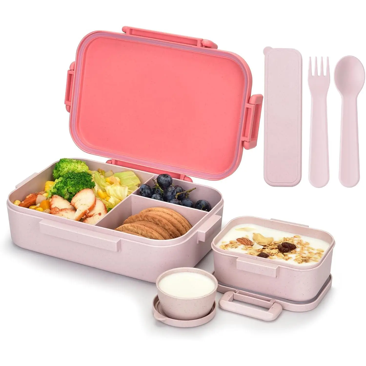 1200ML Organic Fiber Wheat Straw Bento Box with Lid - Leakproof, Movable Compartment, Utensils Set, BPA-Free, Lightweight Easy-Open Daily Lunch To-Go Container (8.3*5.3*2.1 inches) for Ages 8+