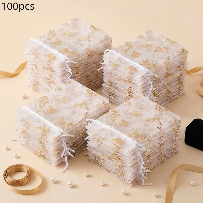 A gift for her/him: organza gift bag with 100 pieces of 3.94x4.72 inch transparent drawstring bag with golden butterfly pattern, light and foldable fabric gift bag, suitable for wedding parties, birthdays, baby parties, jewelry, candy, handicrafts, retail