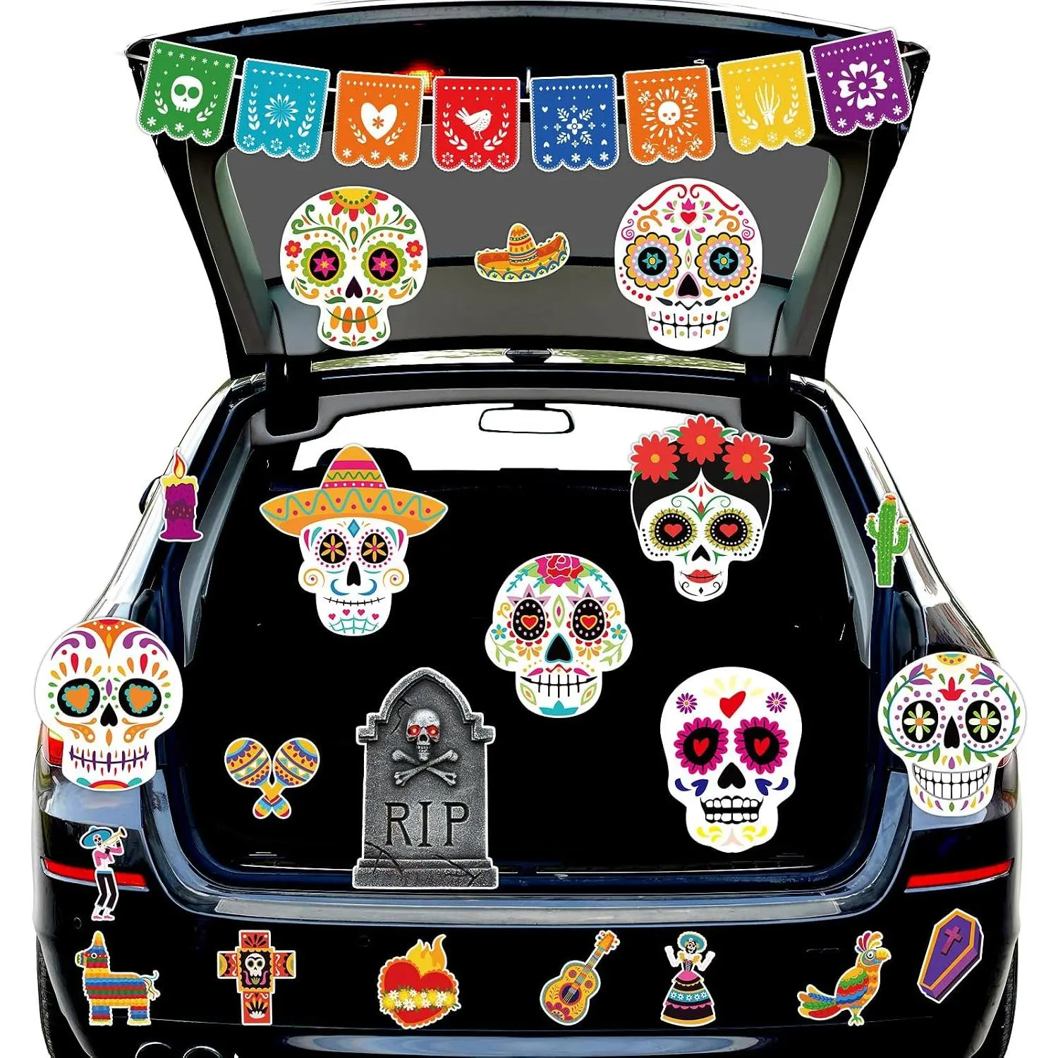 Halloween Trunk or   Decorations Kit - Day of  Backdrop Dia De Los Muertos Skull Banner for SUV  Garage Door Photo Booth Backgrounds Halloween Party Supplies Easy to Assemble
