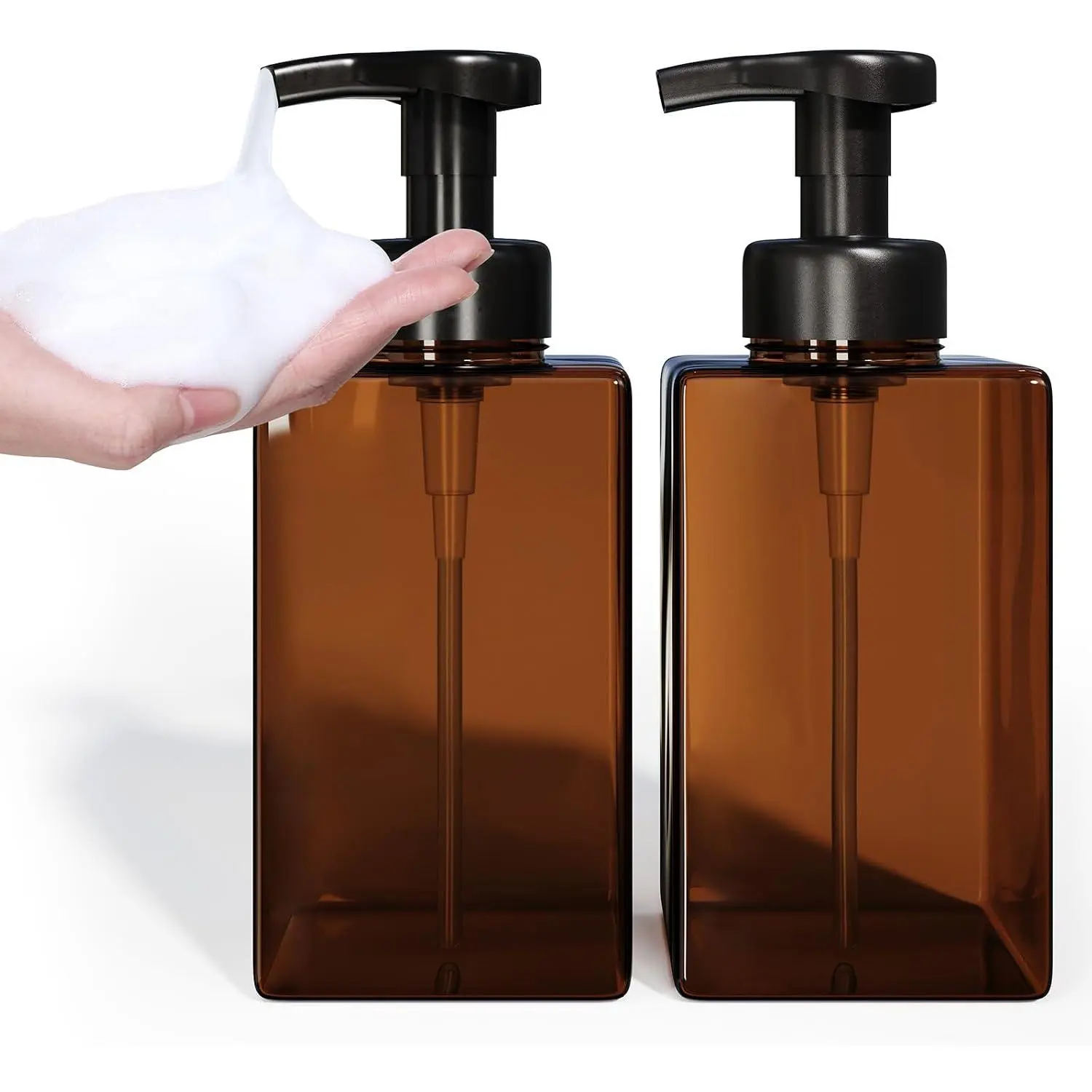 Amber Foaming Soap Dispenser, Refillable Foam Hand Soap Dispenser, Set of 2 Empty Foamer Pump Bottle, Brown Foaming Dispenser Bottles with Black Pump