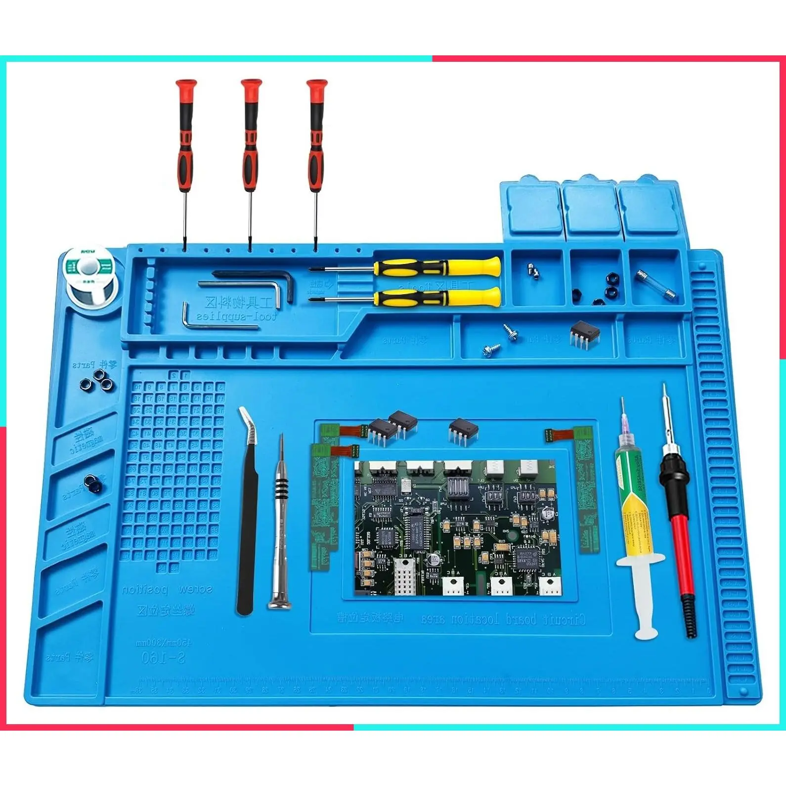 Premium Heat Resistant Solder Pad, Large Anti-static Magnetic Silicone Repair Mat with Scale for Cell Phone, Computer and Other Electronic Repairs, 17.7" x 11.8", Blue