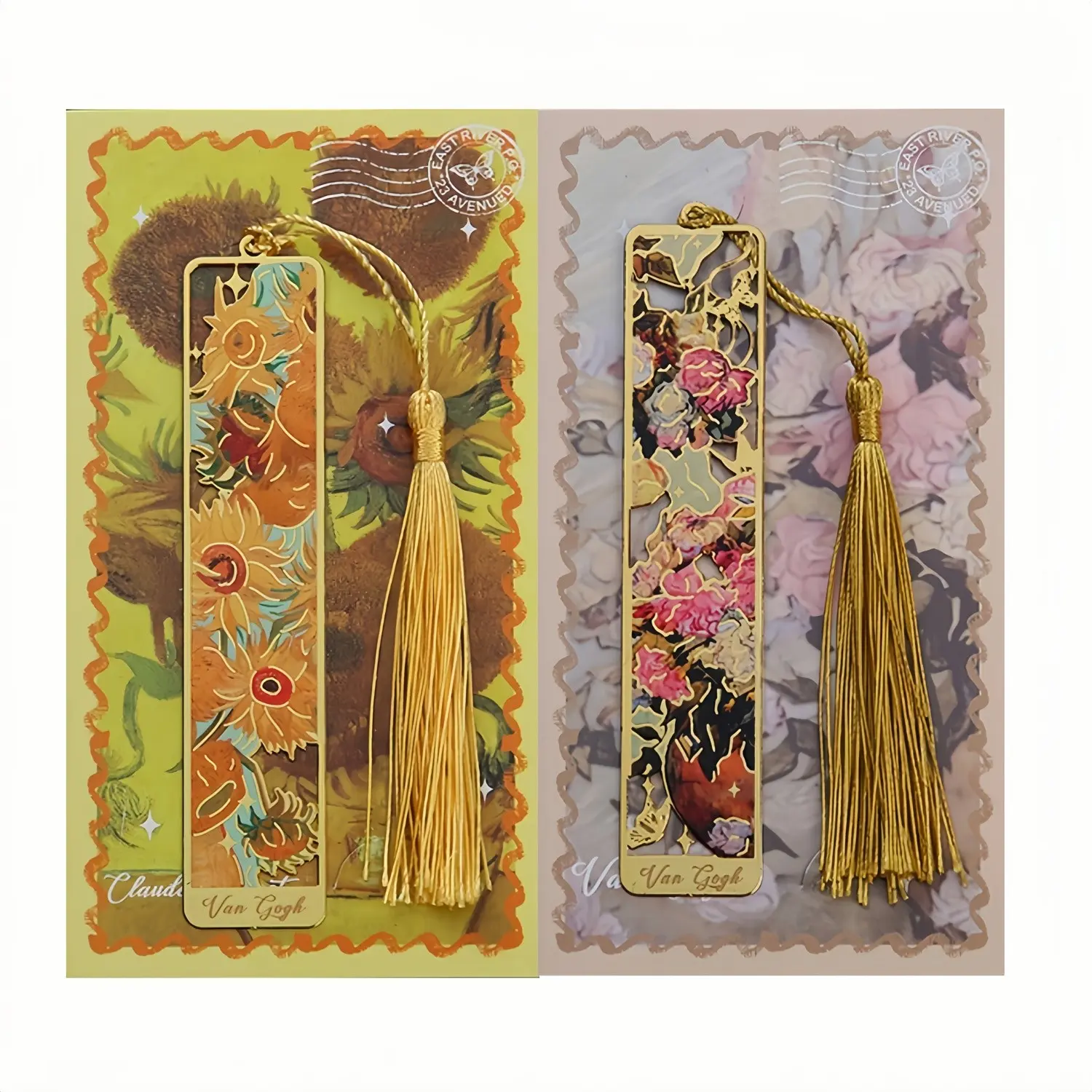 2 metal bookmarks with tassels, 4.25-inch gold hollow Decorative bookmark oil painting theme bookmark, suitable for book enthusiasts, writers, teachers, students, readers, teenagers, males, females, adults