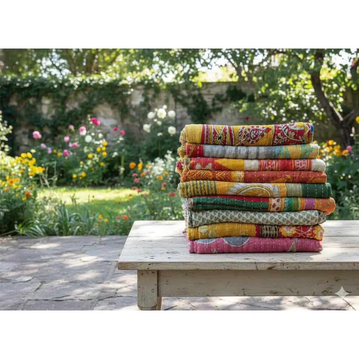 Indian Vintage Kantha Handmade Cotton Rectangular Throw - Reversible Blanket Bedspread, Bohemian Quilt, 84x54", Multiple Assorted Colors (1)