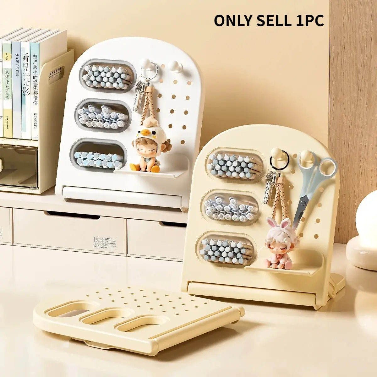Foldable Pegboard Desktop Organizer, Multifunctional Tabletop Storage Rack with Hooks & Compartments, Desk Display Holder for Stationery, Cosmetics, Jewelry and Doll Figures, Vanity Table Office Supplies Storage